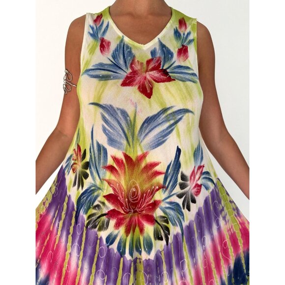 90s vintage floral tie dye hand painted boho beach flowy umbrella dress one size - Picture 7 of 9
